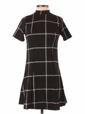 Monteau black plaid mock neck a-line mini dress